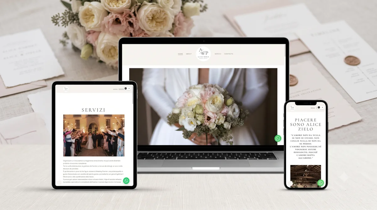 Caso: estudio de wedding planning en notebook, tablet y teléfono